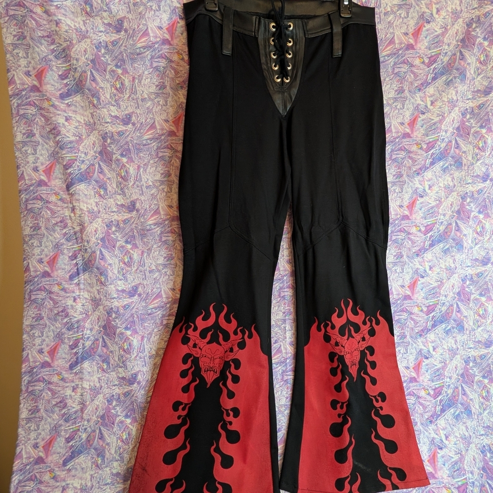 New Toxic Vision Designer Devil Screen Printed Tie Front Pants With Measurements - Picture 3 of 15
